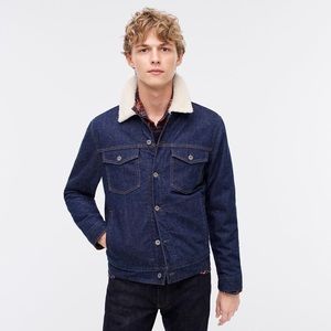 J Crew Wallace & Barnes Men’s Japanese Denim Trucker Jacker with Sherpa Collar